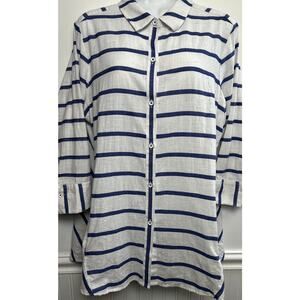 Foxcroft Blue White Striped Collared Shirt Tunic Top 3/4 Sleeves Pockets Size 16